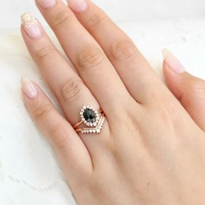 2Ct Lab-Created Black Diamond Bridal Engagement Ring Set 14K Rose Gold Plated - Picture 1 of 8