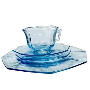 Cambridge Vintage Glass DECAGON Moonlight Blue Cups, Saucers & Plates Set 12 - Picture 1 of 17