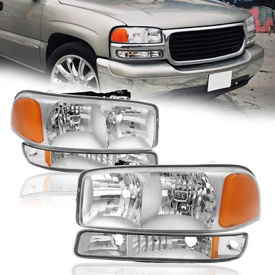 For 1999-2006 GMC Sierra/ 00-06 Yukon 4Pcs Factory Chrome Headlights+Bumper Lamp - Imagem 1 de 4