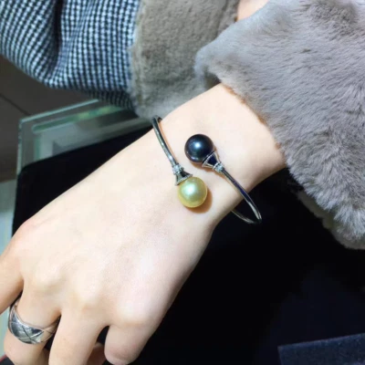 Alta Joyería 11-10mm Mar del Sur Oro Negro Redondo Perla Pulsera 925S Foto 1 de 4