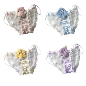 Cartoon Plush Lace Panties Sweet Ruffle Briefs Japanese Anime Tie Side Underwear - Picture 1 of 18