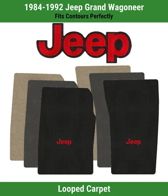 Alfombrillas delanteras Lloyd Classic Loop para Jeep Grand Wagoneer del 84-92 con Jeep rojo sobre negro Foto 1 de 4
