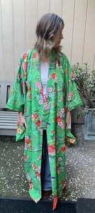 Schöner handgefertigter japanischer Damen-Kimono Vintage Blumen grün Polyester Japan - Bild 1 von 22