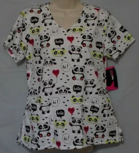 New Scrubstar Women’s V-neck Short Sleeve Hello Panda Scrub Top - Picture 1 of 3