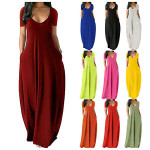 Womens Short Sleeve Maxi Dresses Sundress Ladies Solid Color V Neck Beach Dress