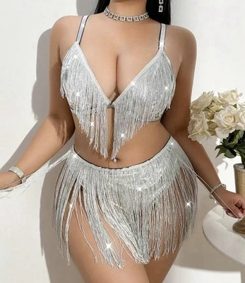 Sexy Conjunto de Lencería Sujetador y Bragas con Flecos de Lentejuelas Plateadas PLS 3X 3XL NUEVO Foto 1 de 4