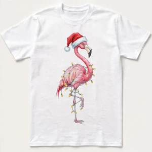 Camiseta Flamenco Navidad Santa Sombrero Luces Rosa Pájaro Tropical Vacaciones Suéter - Imagen 1 de 24