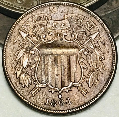 1864 Two Cent Piece 2C FULL MOTTO Ungraded Civil War Date US Copper Coin CC28128 - Image 1 of 4