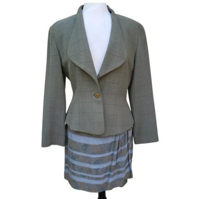Giorgio Armani VTG 90s Olive Green Blazer and Blue Stripe 2 pc Skirt Suit 10 - Image 1 of 4