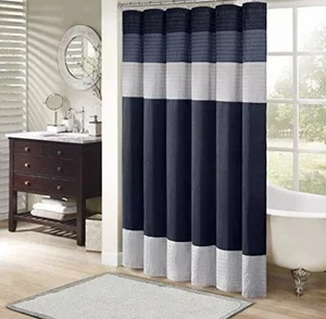 Madison Park Amherst Bathroom Shower Curtain Faux Silk Pieced Striped Modern - Picture 1 of 5