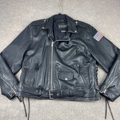 Wilsons Leather Motorcycle Jacket Black Moto Racer Distressed Side Lace Belted - Image 1 of 4