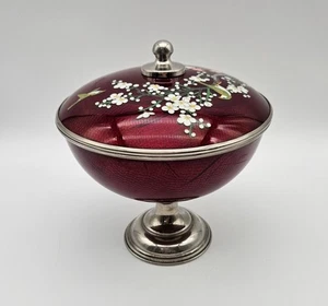 Vintage Japanese Ginbari Cloisonne Red Cherry Blossom Birds Lidded Compote Dish - Picture 1 of 10
