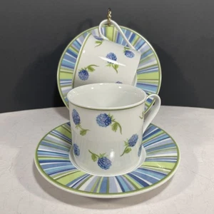 Laura Ashley BRAMBLE 2 Flat Cups & 2 Saucers Purple Blackberries Green Stripes - Picture 1 of 12