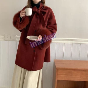 Womens Double Sided Wool Coat Real Fox Fur Cuff Mid Long Coat Overcoat Button Sz - Picture 1 of 28