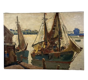 VINTAGE MODERNIST HARBOR SCENE COSTAL ILLUSTRATION LANDSCAPE WPA STYLE PAINTING - Picture 1 of 24