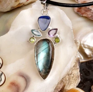 Schlicht Art Design 925er Silber Multistone Kettenanhänger Labradorit Bunt Grün - Bild 1 von 12