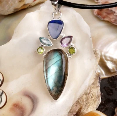 Schlicht Art Design 925er Silber Multistone Kettenanhänger Labradorit Bunt Grün - Bild 1 von 4
