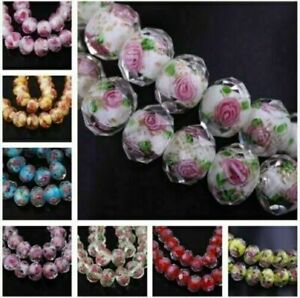 10pcs Charms Rondelle Glass Rose Flower Lampwork Glass Beads 8 10 12mm #