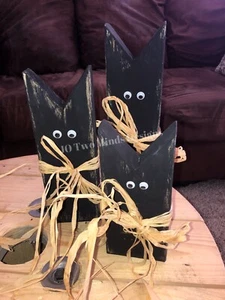 NEW Rustic Handcrafted Wooden Black Cats 3 Pc Set Fall Halloween Decor Spooky - Picture 1 of 2