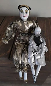 VINTAGE HARLEQUIN PORCELAIN JESTER CLOWN DOLLS 2 PCS 15" & 10" - Picture 1 of 9