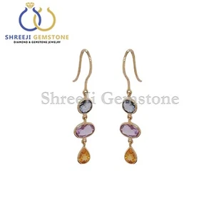 Multi Sapphire Gemstone Dangle Earrings Solid 14k Yellow Gold Handmade Earrings - Picture 1 of 3