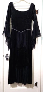 Womens Medieval GOTHIC Crushed VELVET LONG Dress Small BLACK Silver Lace Sleeves - Picture 1 of 12