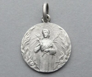 French, Antique Religious Sterling Medal. Saint Lucy. Silver Pendant By Tricard. - Picture 1 of 3