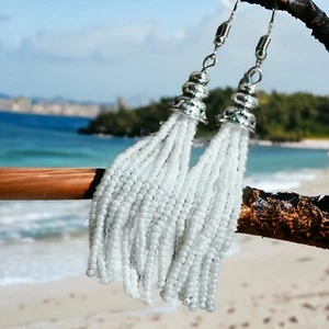 Glass Beaded Earrings Handmade Tibet Silver Gift Unisex White - Picture 1 of 4