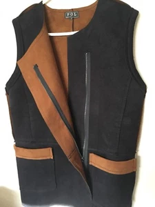 Poe neu ohne Etikett Wildlederimitat SCHWARZ HELLBRAUN Reißverschluss vorne 2 Taschen WESTE Damengröße S Small NEU - Bild 1 von 10