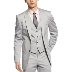 Mens Calvin Klein Solid Light Gray Cotton Slim Fit Flat Front Dress Pants - Picture 1 of 2