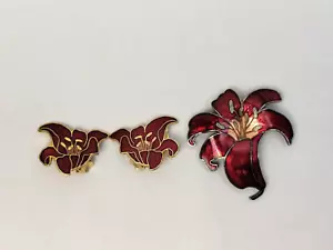 Hermoso Broche Vintage Pin y Pendientes Cloisonne Esmalte Rojo Orquídea Lirio Flor - Imagen 1 de 11
