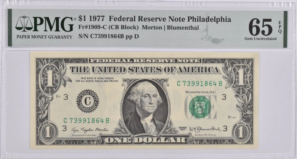 PMG Gem Unc 65 EPQ $1 1977 Philadelphia, PA US Federal Reserve Fr#1909-C *6902 - Image 1 of 3