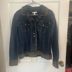 Coldwater Creek Denim Jacket 14 Brown/Black Woven Trim Fringe Classic Western - Picture 1 of 14