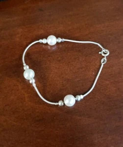 Sterling Silver PEARL STATION Bracelet, 7.25" Long, Snake Chain - Picture 1 of 9