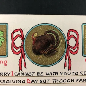 c. 1911 Antique Thanksgiving Postcard Pumpkin Gold Embossed Sorry Away Melvin,MI - Picture 1 of 9