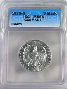 BU GEM 1922-G 3 Mark Weimar GERMANY ICG MS66 KM#29 White! #25 - Picture 1 of 7