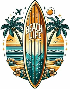 Beach Life Surf Board Iron On Transfer - T-Shirt + Other Light & Dark Fabrics #7 - Afbeelding 1 van 2