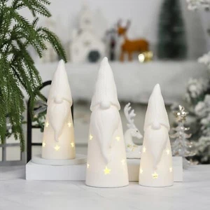3 Pcs Ceramic Lighted Gnomes Christmas Gnome Decorations White Figurines Holi... - Picture 1 of 6