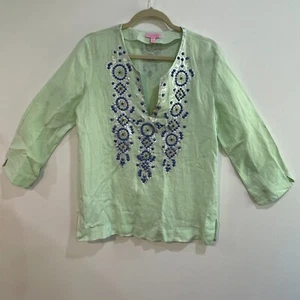Lilly Pulitzer Leinen Top Damen M Grün Stickerei Akzent V-Ausschnitt Langarm - Bild 1 von 20
