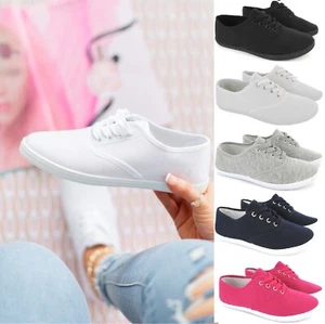 LADIES PLIMSOLES WOMENS FLAT PUMPS PLIMSOLLS WHITE CANVAS TRAINERS SIZE 3-8 NEW - Picture 1 of 34