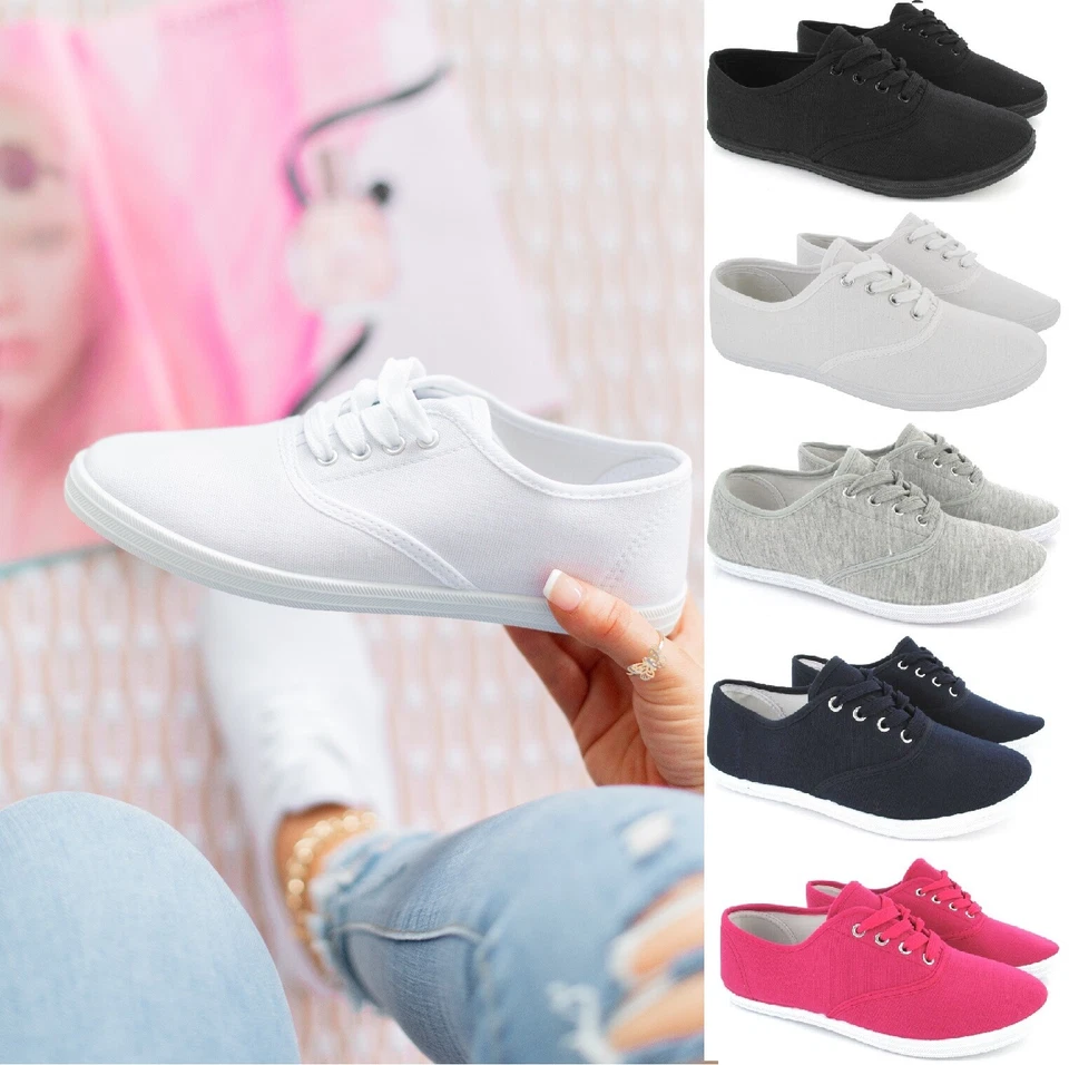 LADIES PLIMSOLES WOMENS FLAT PUMPS PLIMSOLLS WHITE CANVAS TRAINERS SIZE 3-8 NEW - Image 1 of 1