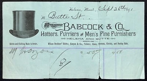 Helena Butte Montana Babcock & Co. Hatters Furriers 1891 Billhead w/ Top Hat - Picture 1 of 2
