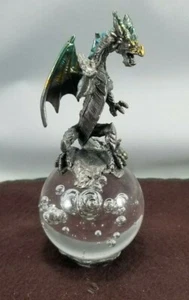 Pewter Dragon On Bubbled Glass Ball Paperweight / About 4.5" Tall-1 7/8" W - Picture 1 of 10