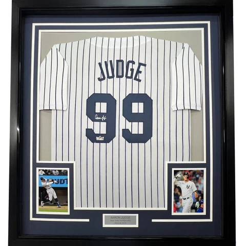 Framed Facsimile Autographed Aaron Judge 33x42 Pinstripe Reprint Auto Jersey Cover