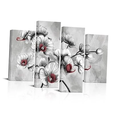  Arte de pared gris y borgoña de 4 piezas lienzo orquídea flor pintura cuadros  Foto 1 de 4