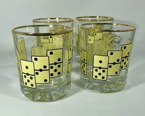 Domino Rocks Glass Retro Barware Set of 4 Gold Rimmed Stylish Cups - Picture 1 of 9