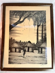 Vtg Original African Charcoal Painting Framed Hut Village Signed Folk Art 22” - Picture 1 of 10