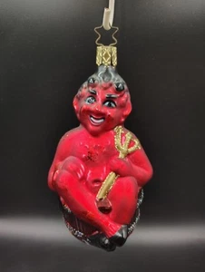 Inge Glas Red Devil Krampus Sitting In A Bucket with Fork Glass Ornament - Picture 1 of 7