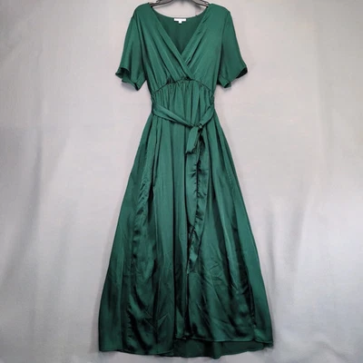 Baltic Born Green Wrap Maxi Dress Sz XL Flutter Sleeve Textured Satin Side Slits - Image 1 of 4