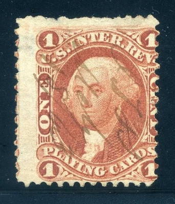 R2c, 1¢ Playing Cards, Used, small thin and short perfs at top, Scott $200 - Image 1 of 2